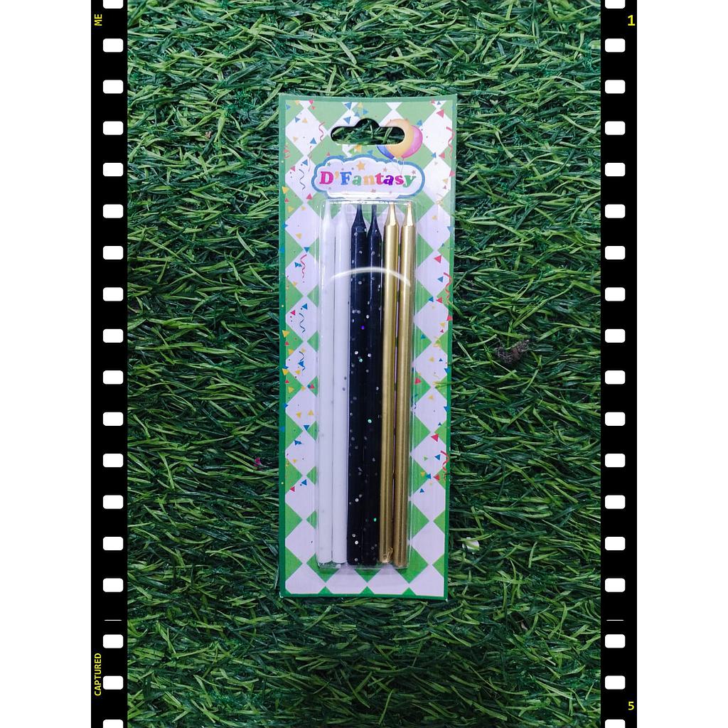 Vela Palito Blanco/Negro/ Dorado x6 Unds D´fantasy 
