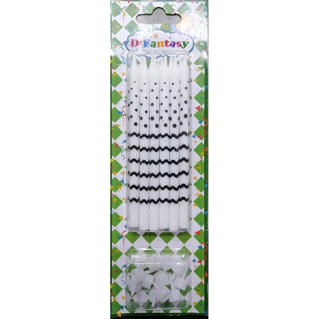 VELA BLANCA RAYAS Y PUNTOS NEGROS X12 UNID FANTASY